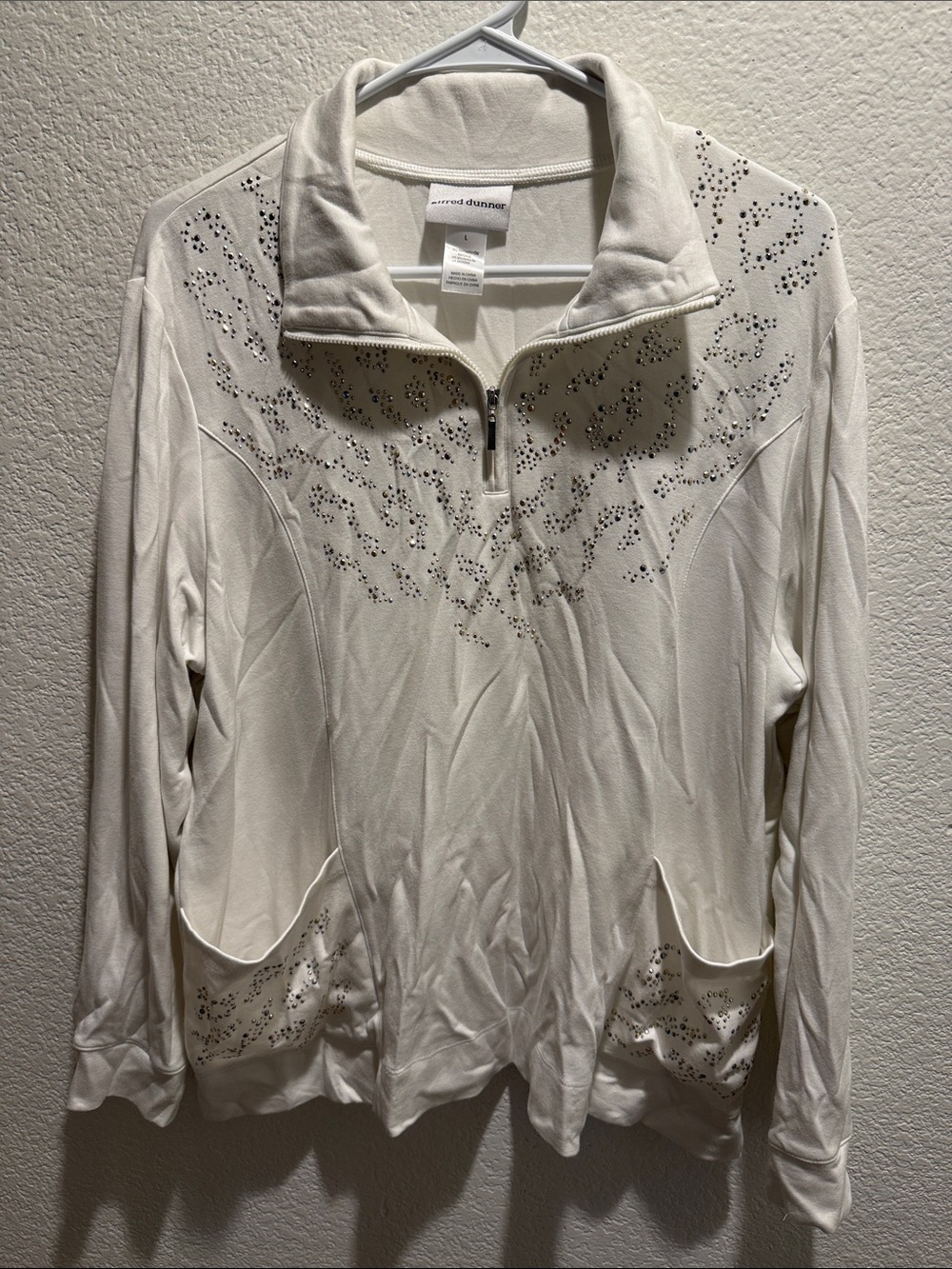 Alfred Dunner Cream Rhinestone Quarter-Zip Pullover